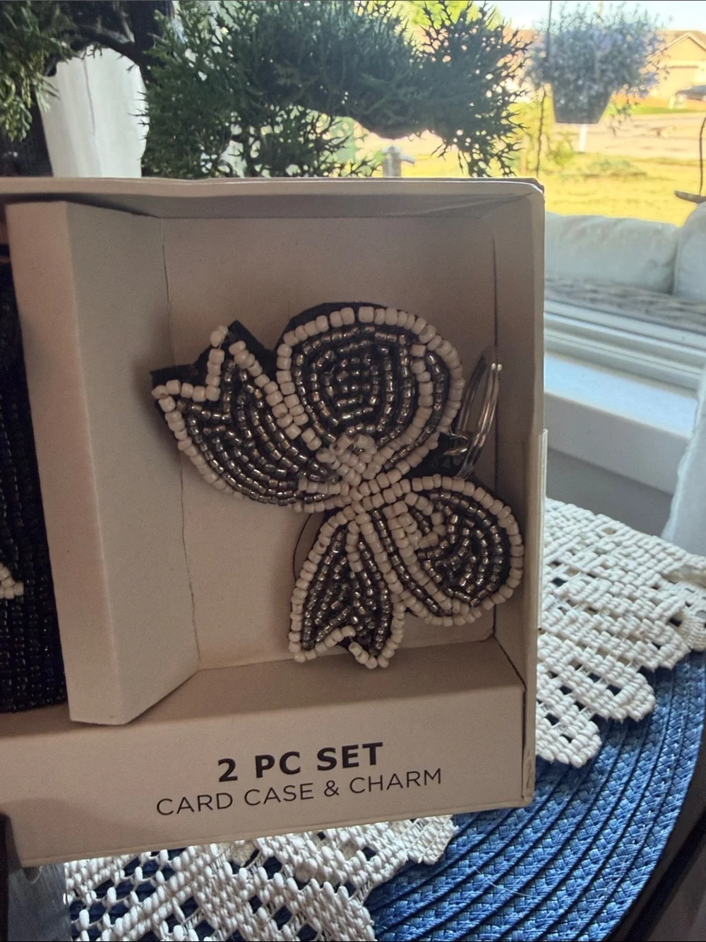 Rachel Zoe Black Beaded Card Case with Black & White Bow Charm